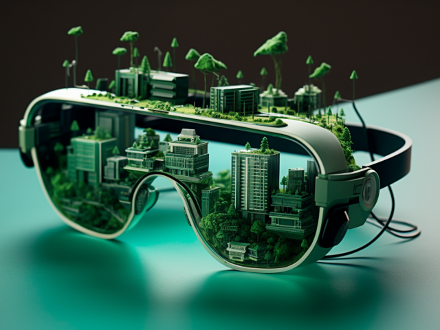 ulleres virtuals amb edificis i plantes al voltant